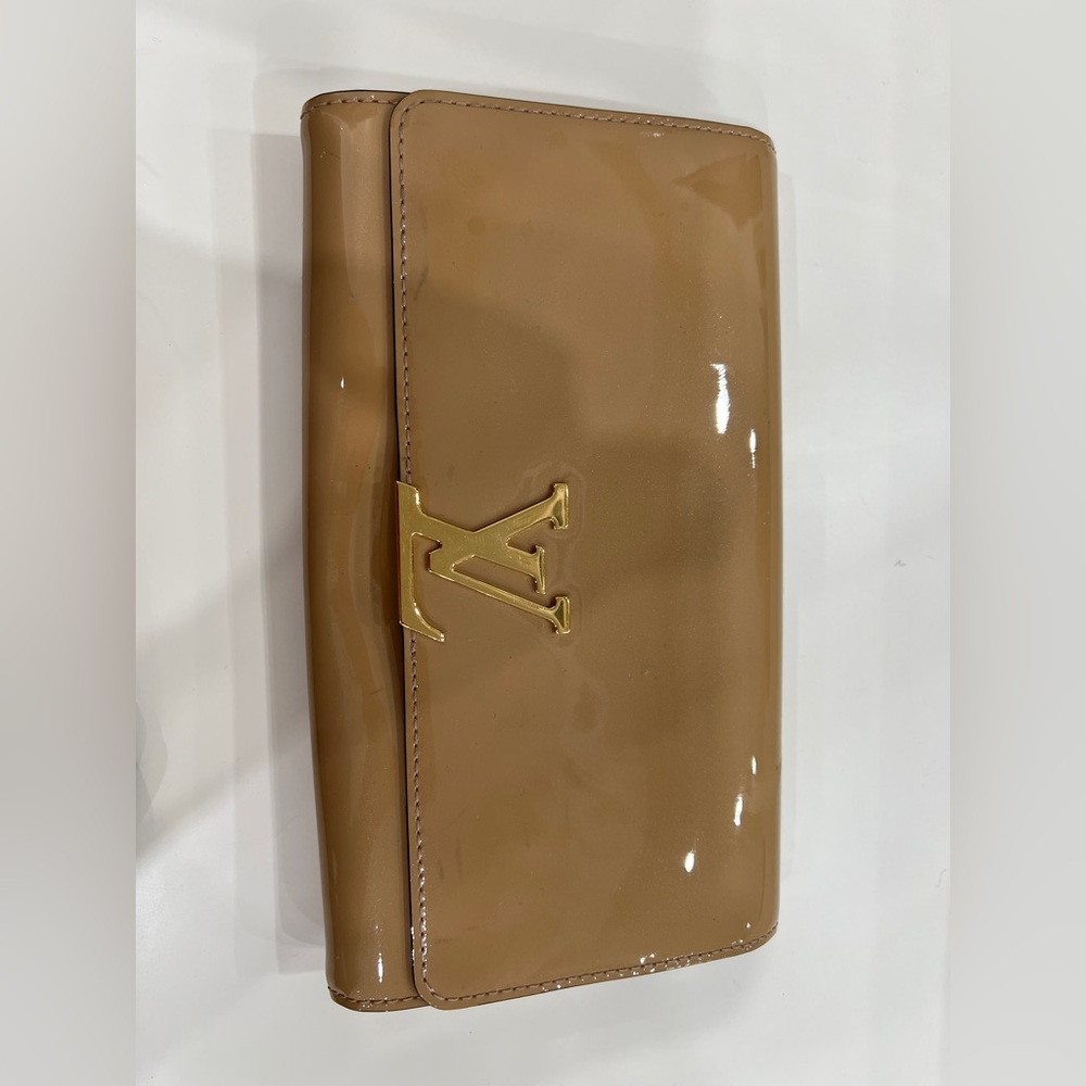 Louis Vuitton Glossy Tan Wallet with Gold Logo